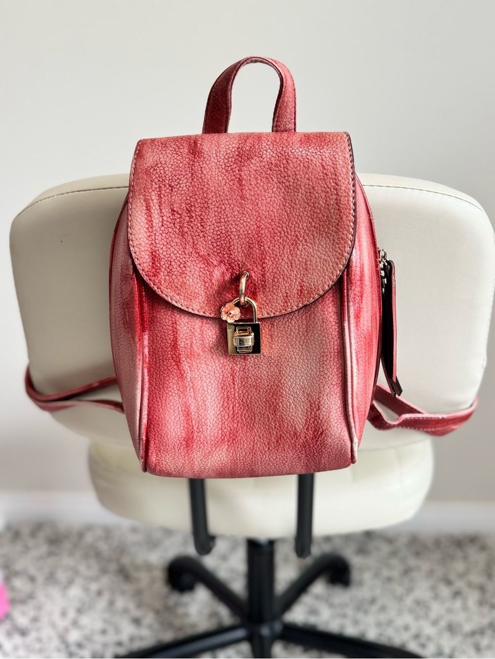 Distressed Circle  Backpack  With Red  Flower lock Accent